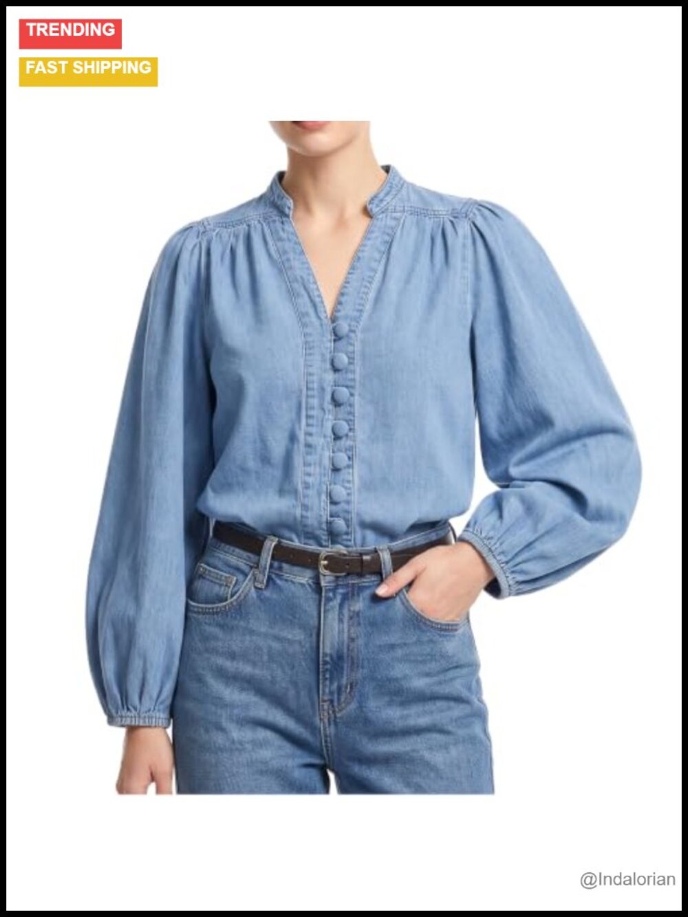 Lantern Sleeve Denim Shirt V Neck Button Down Blouse for Women Casual